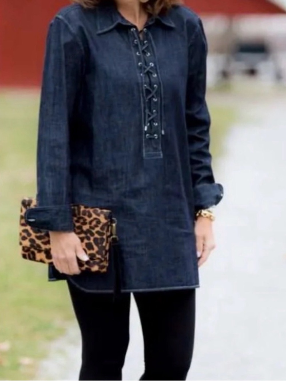RALPH Lauren Dark Navy Blue Denim Lace-Up Long Sleeve Tunic Shirt Dress sz S NWT
